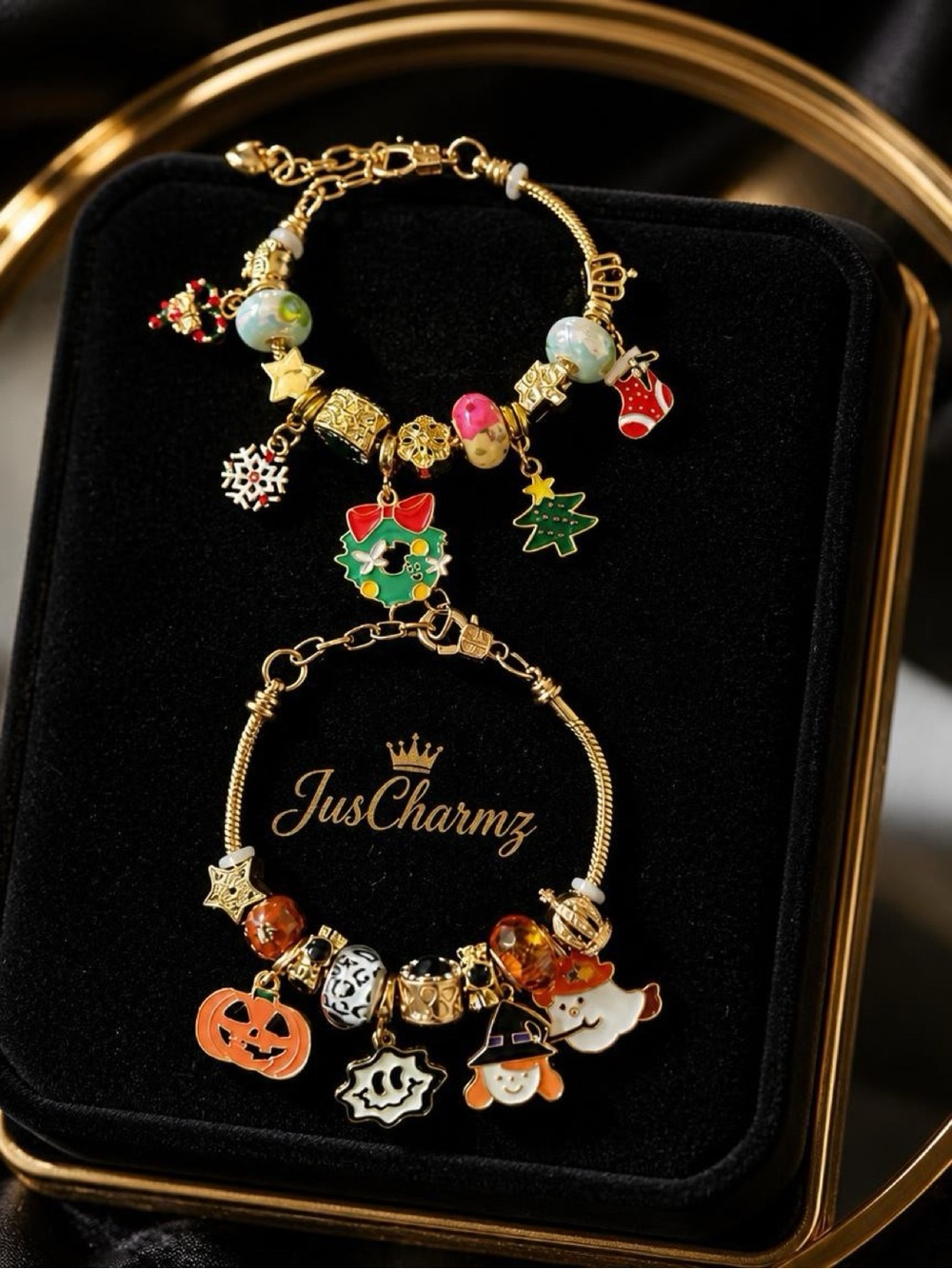 Gold Holiday Charm Bracelets - Green & Orange